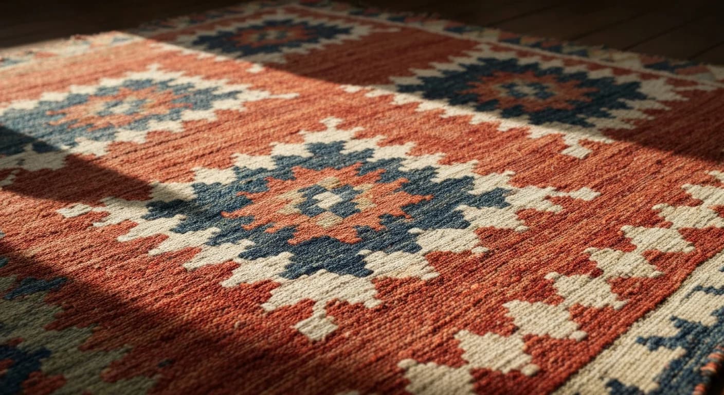 Detail macro d'un kilim flatweave aux motifs geometriques indigo, terracotta et bone