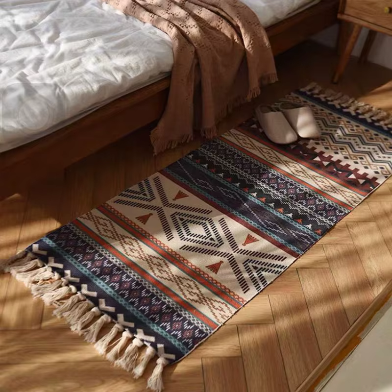 Tapis à carreaux Vintage en coton tissé pour la maison, style bohème, pour salon, chambre à coucher,
