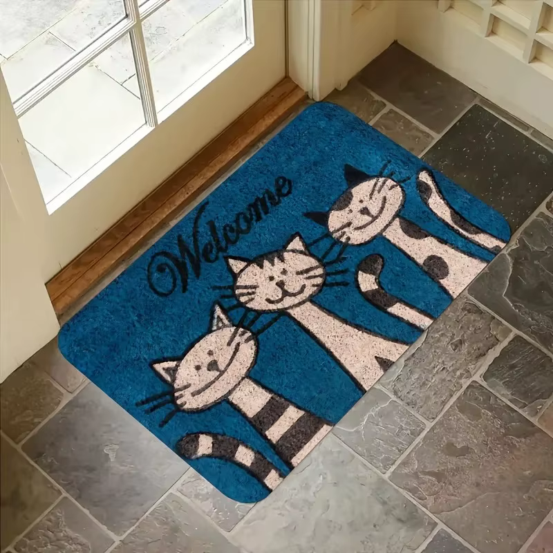Tapis rayé avec chat de dessin animé, paillasson doux, imperméable, pour chambre à coucher, salon, d