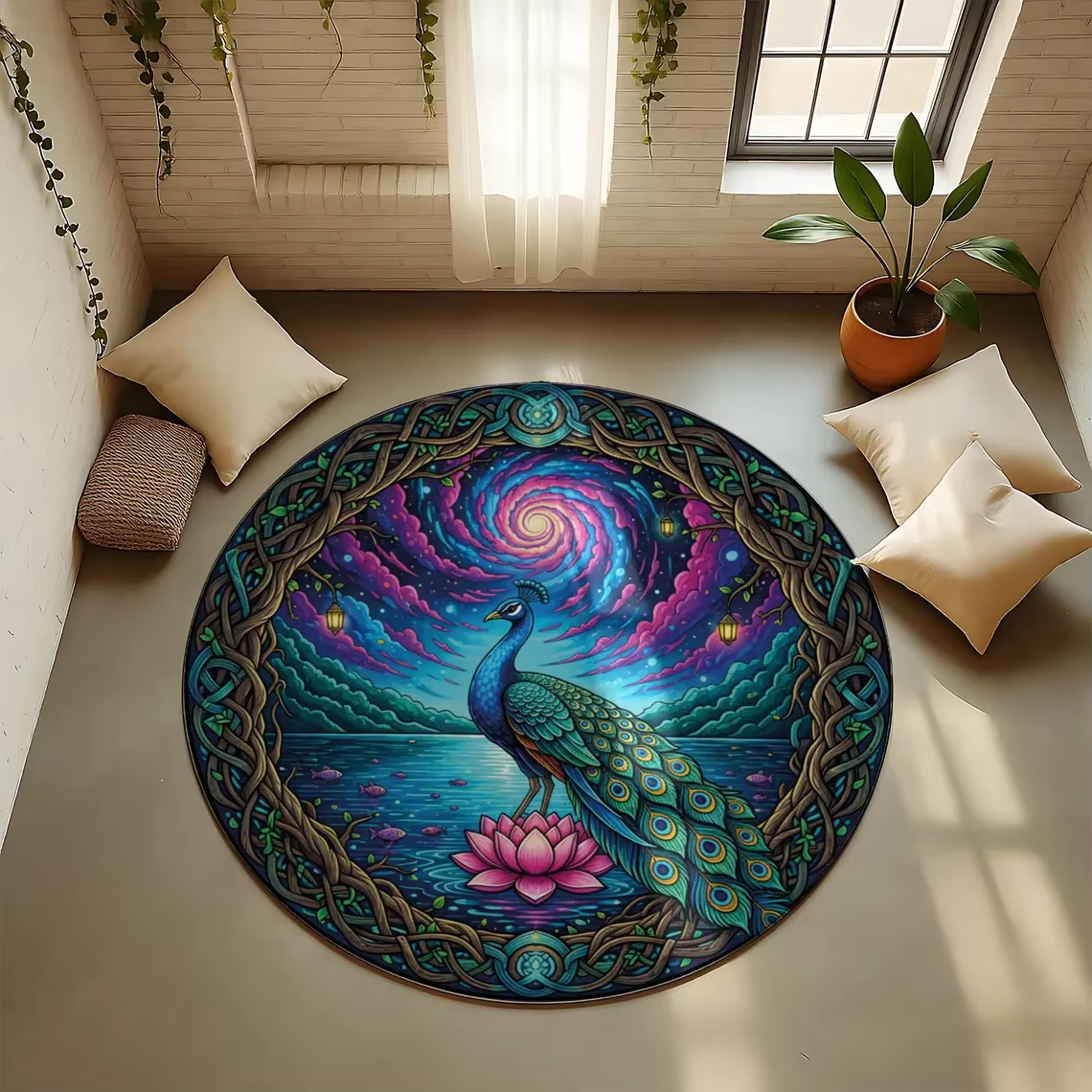 Tapis rond fleur de Lotus colibris et Mandala cosmique, tapis doux décor Boho, tapis de Table basse,