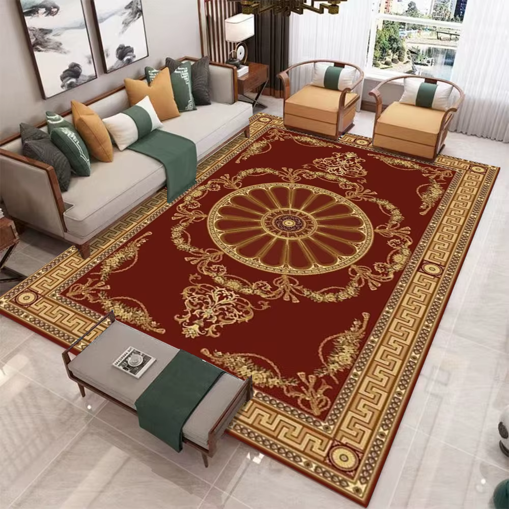 Grand tapis imprimé rouge rétro européen pour salon, décoration de luxe, antidérapant, pour chambre