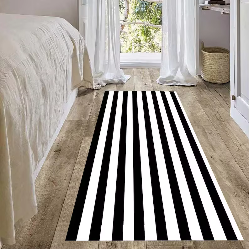 Tapis de couloir à rayures noires et blanches, tapis de chambre à coucher, couverture de lit, tapis 