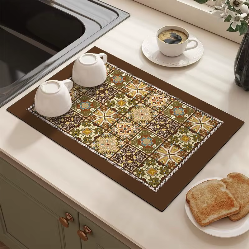 Tapis de vidange absorbant à motif de carrelage rétro, antidérapant, séchage rapide, pour cuisine, p