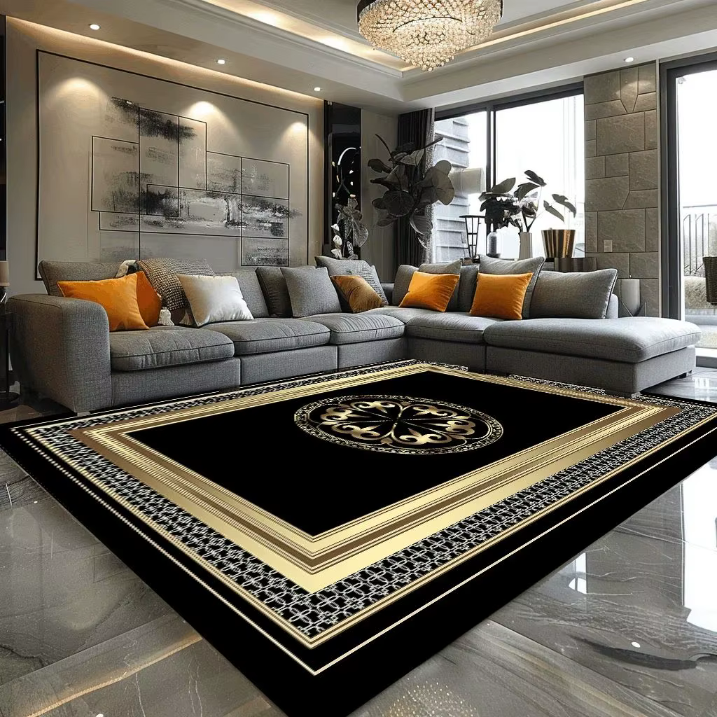 VIKAMA – grand tapis de luxe de Style européen, noir et or, pour canapé de salon, antidérapant, faci