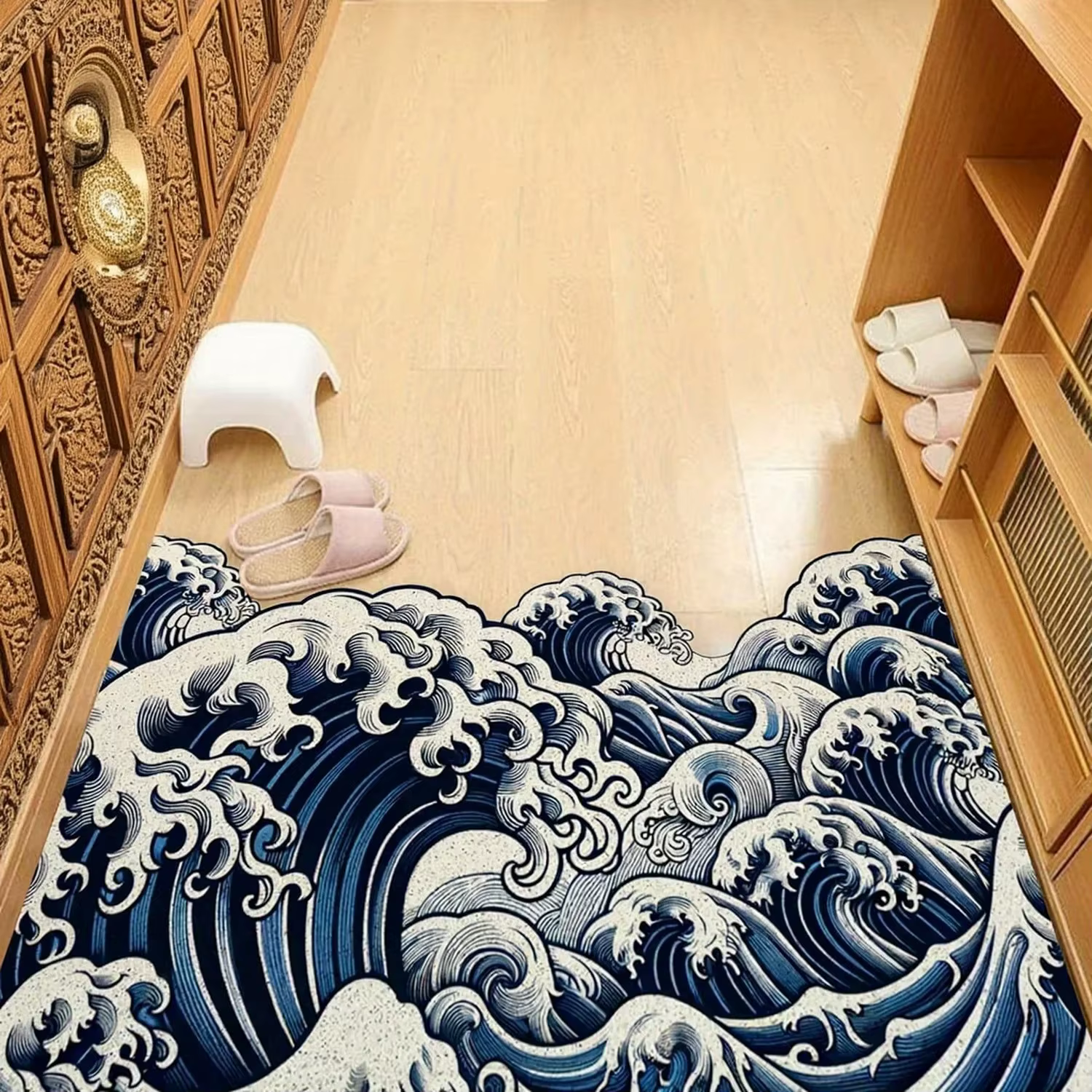Tapis de sol antidérapant VIKAMA Japanese Ukiyo‑E Great Wave pour entrée et salle de bain