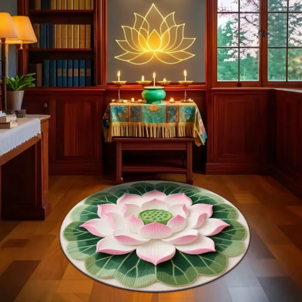 Tapis rond à motif de fleur de lotus, art oriental, tapis circulaire pour salon, chambre à coucher, 