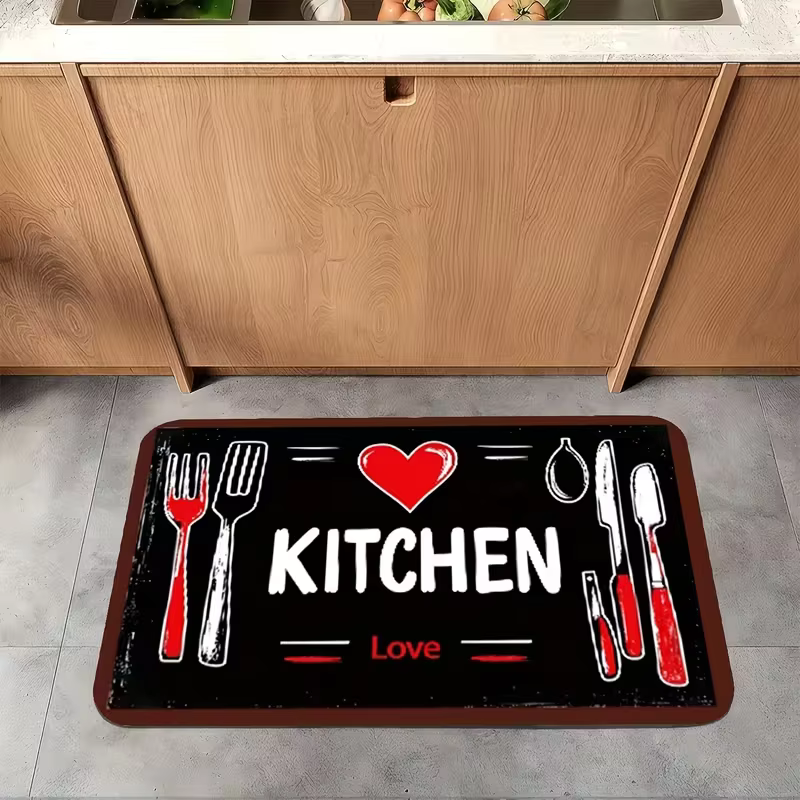 Tapis de cuisine Love avec fourchette cuillère coeur rouge, antidérapant, doux, facile à nettoyer, a
