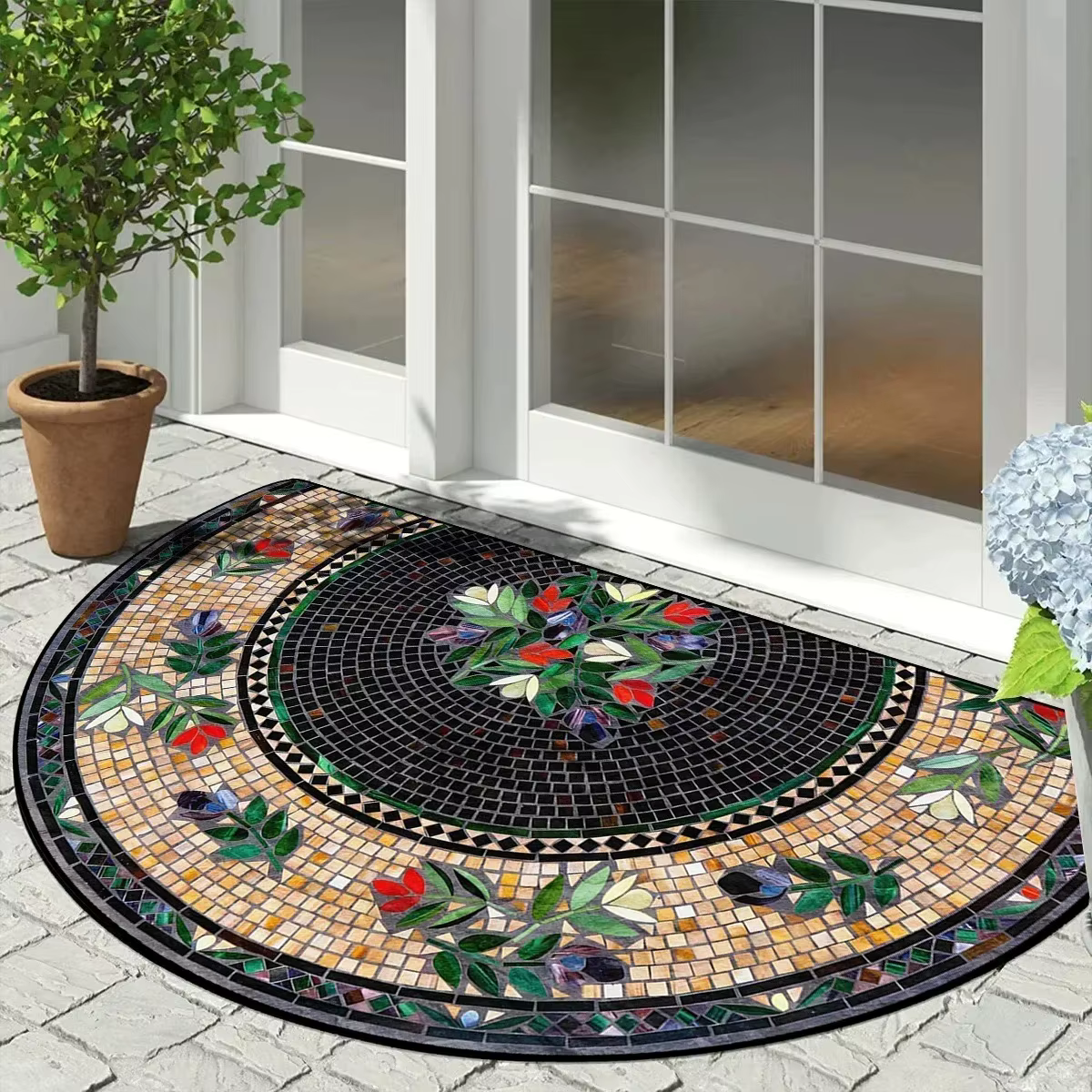 Paillasson demi-rond vintage mosaïque, style campagnard américain, antidérapant, résistant à la sale