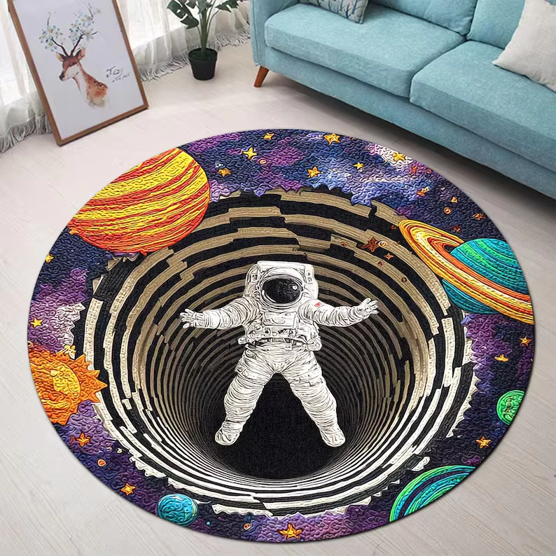 Tapis 3D Lune, Décoration Murale Spatiale, Tapis à Motif Cratère, Tapis de Sol Circulaire Doux Antid