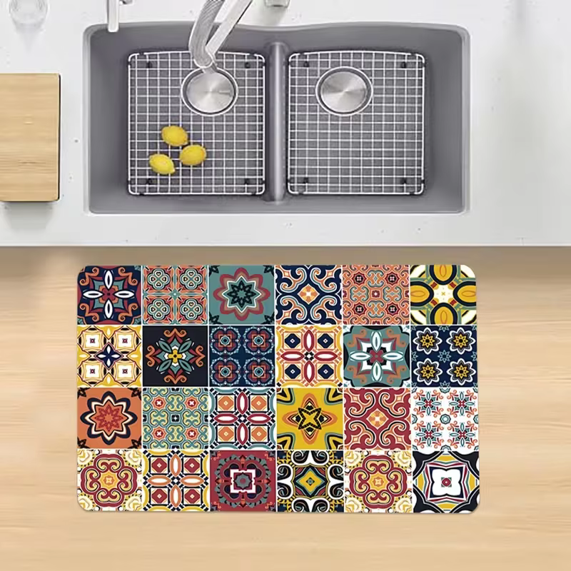 Tapis de cuisine de style bohème avec motifs en mosaïque – Antidérapant et lavable en machine, dispo