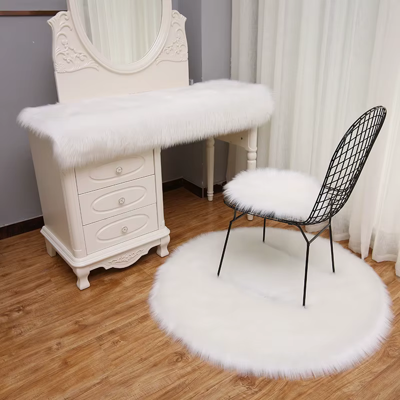 Tapis Rond en Fausse Fourrure pour Chambre à Coucher de Fille, Coussin de Chaise, Doux, Moelleux, Po