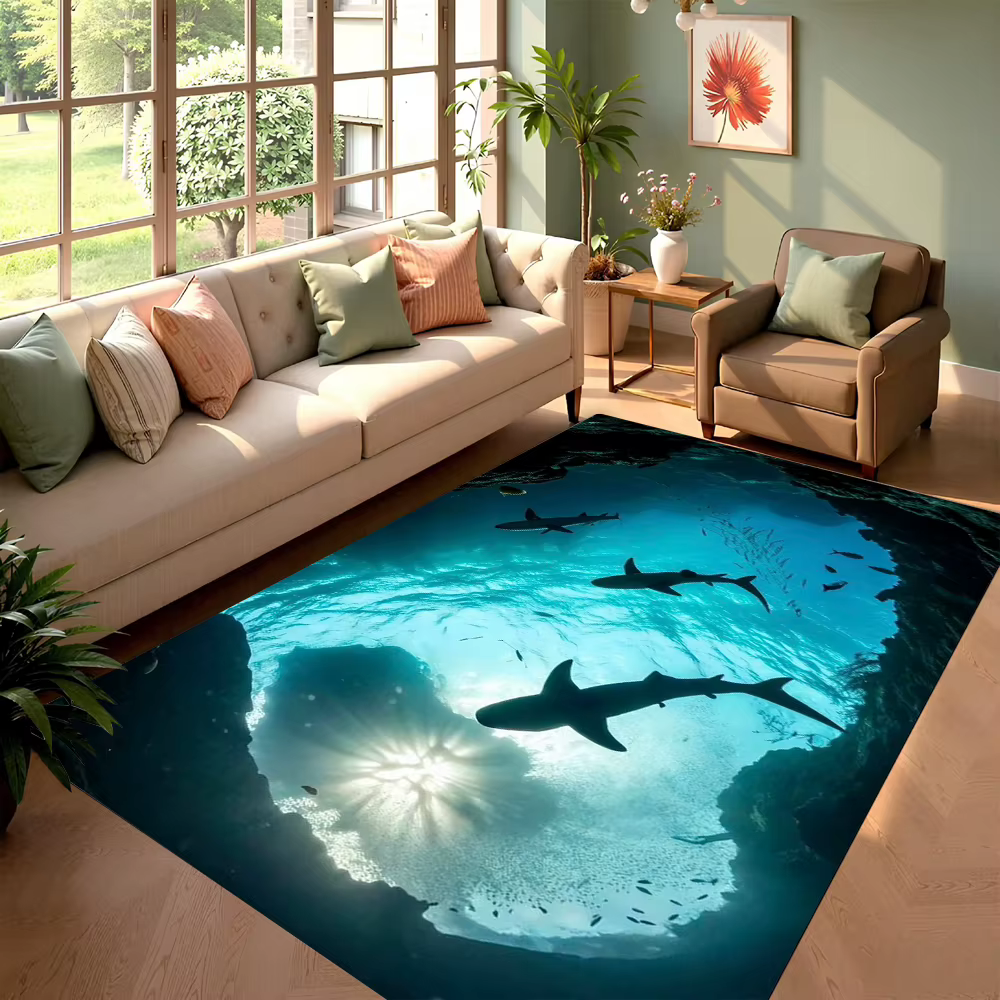 Tapis de salon 3D motif piscine d'été, tapis antidérapant imprimé vaguelettes d'eau bleues, tapis de