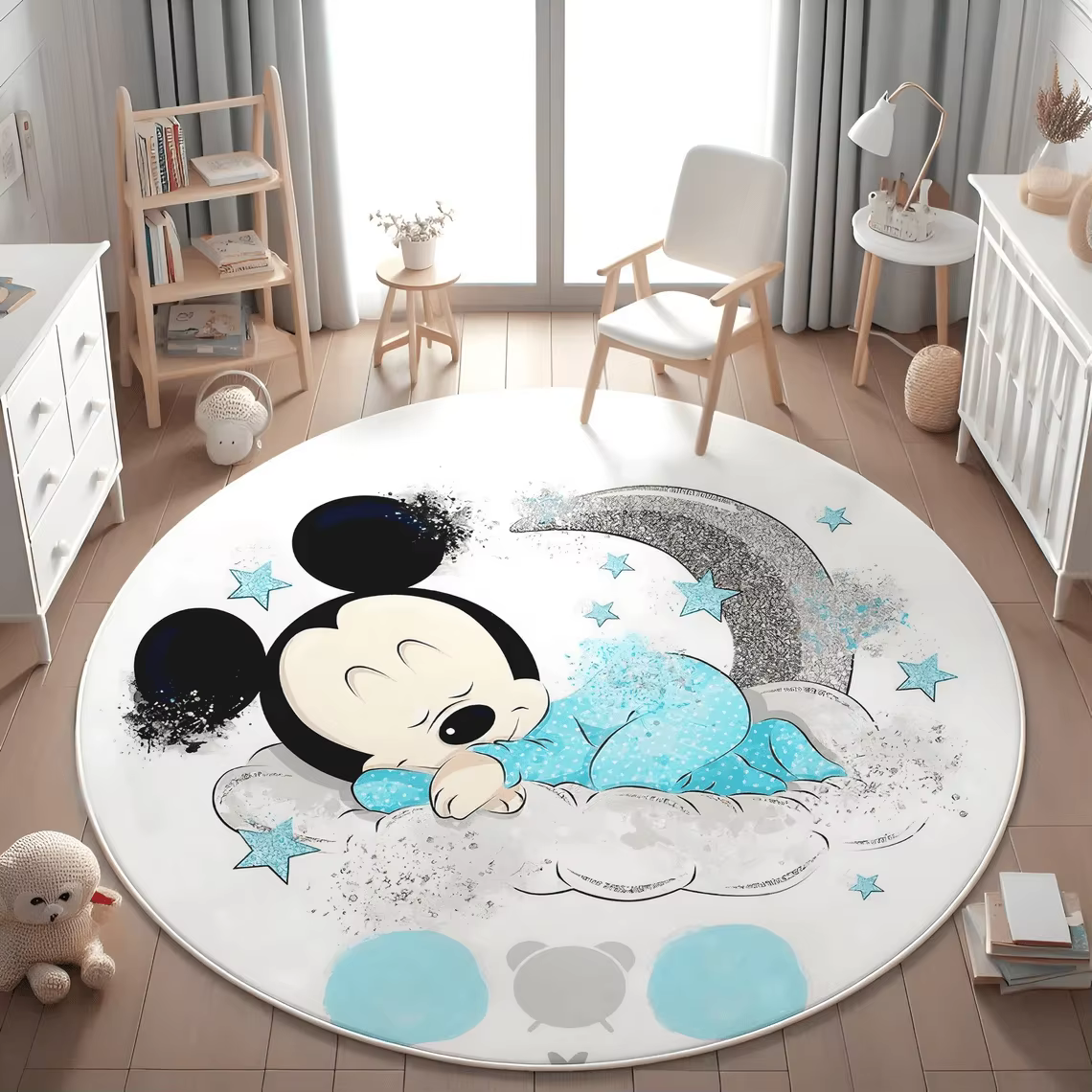 Tapis rond Disney Minnie Mouse imprimé étoile et lune, antidérapant, pour bébés filles, chambre d'en