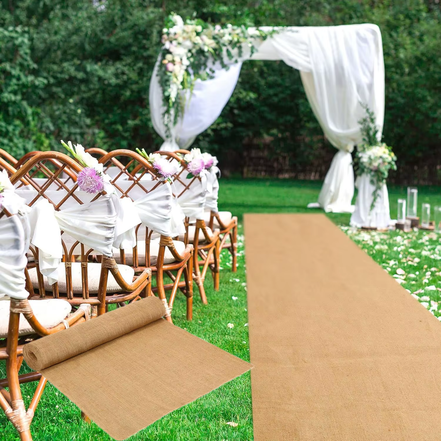 Coureurs d'allée de mariage en Jute avec bord à franges, rouleau de tapis de piste de cérémonie pour