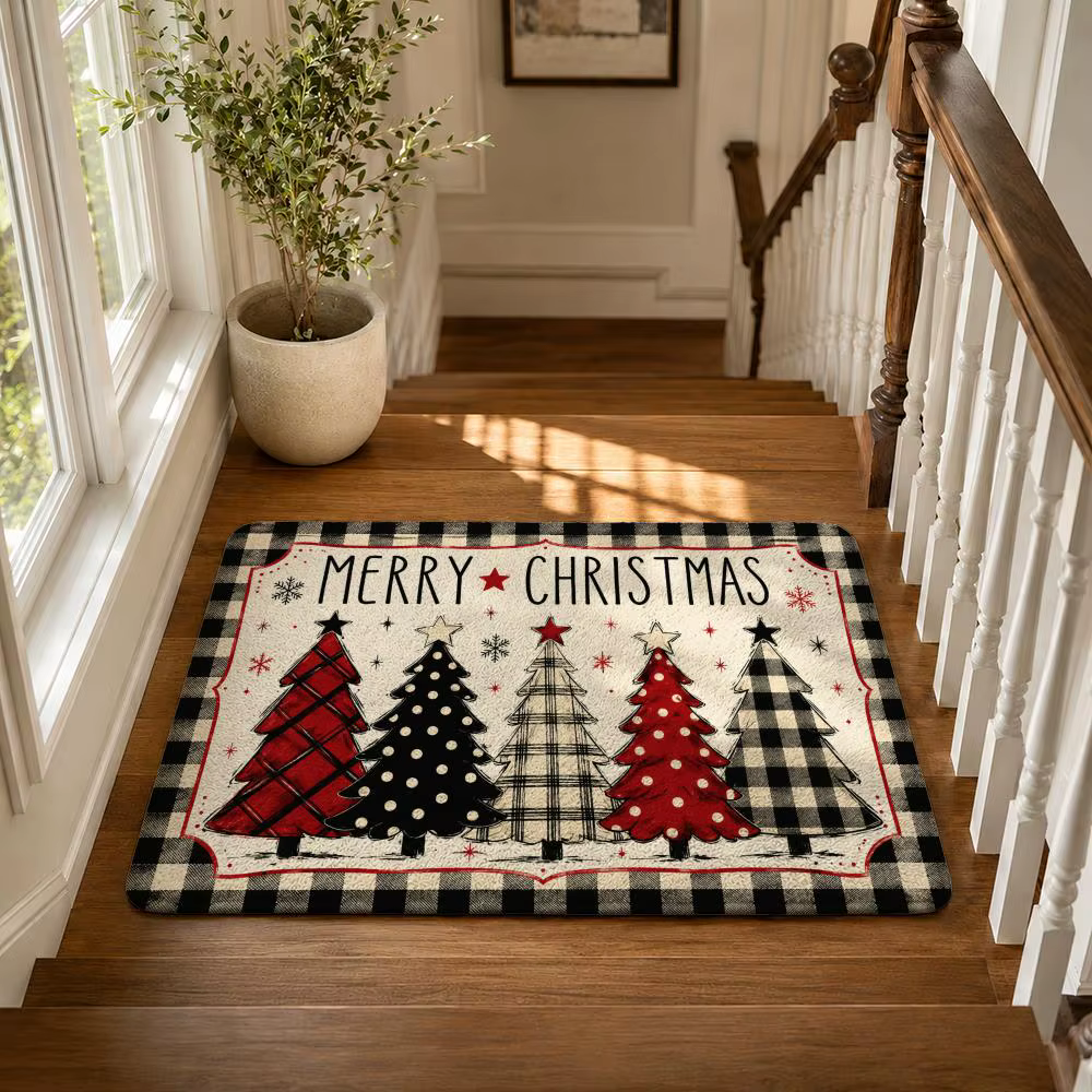Tapis de sol rustique de style ferme pour Noël, en flanelle, antidérapant, absorbant, doux, lavable,