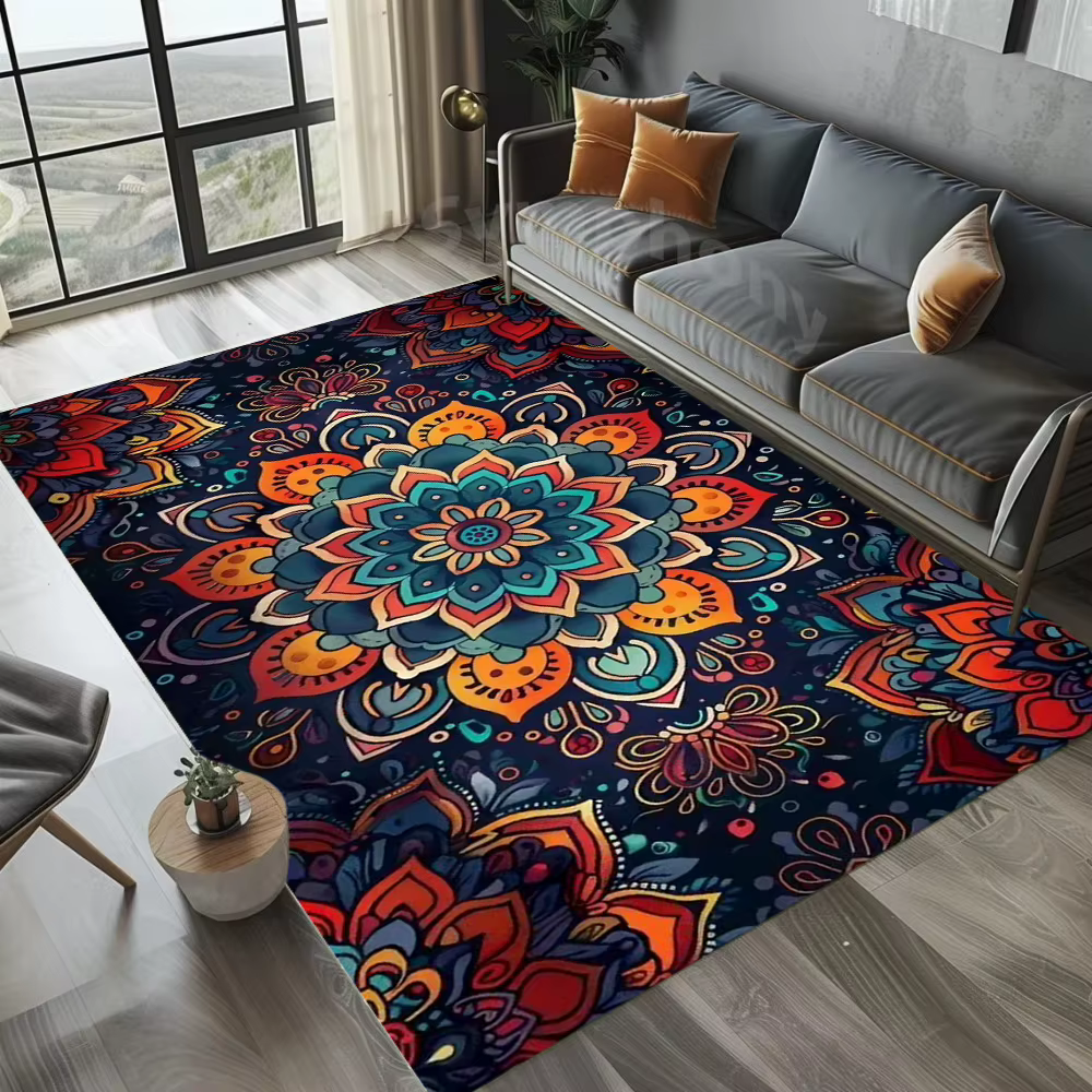 Tapis Mandala Bohème Coloré Imprimé en 3D, Tapis Antidérapant Grande Surface pour Salon, Chambre à C