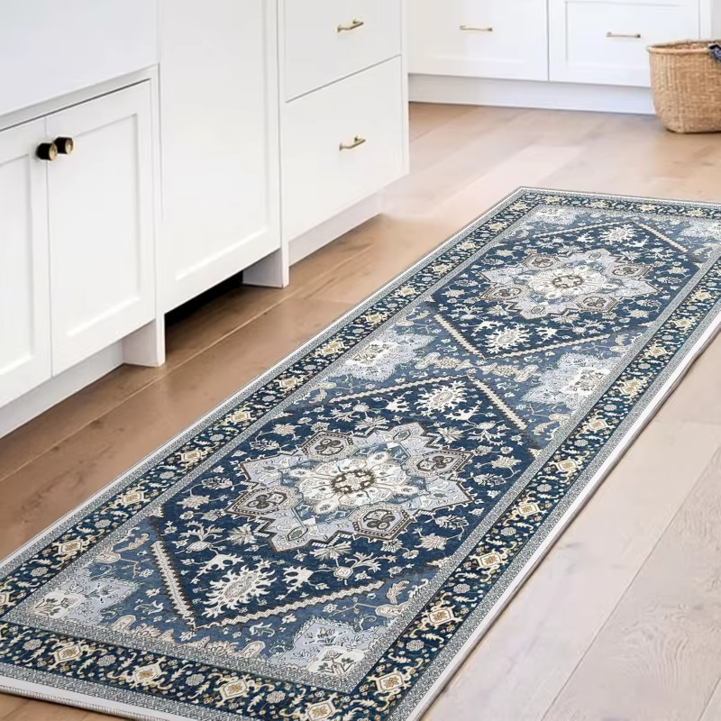 Tapis de couloir vintage à motif floral oriental, tapis long antidérapant doux, tapis traditionnel à