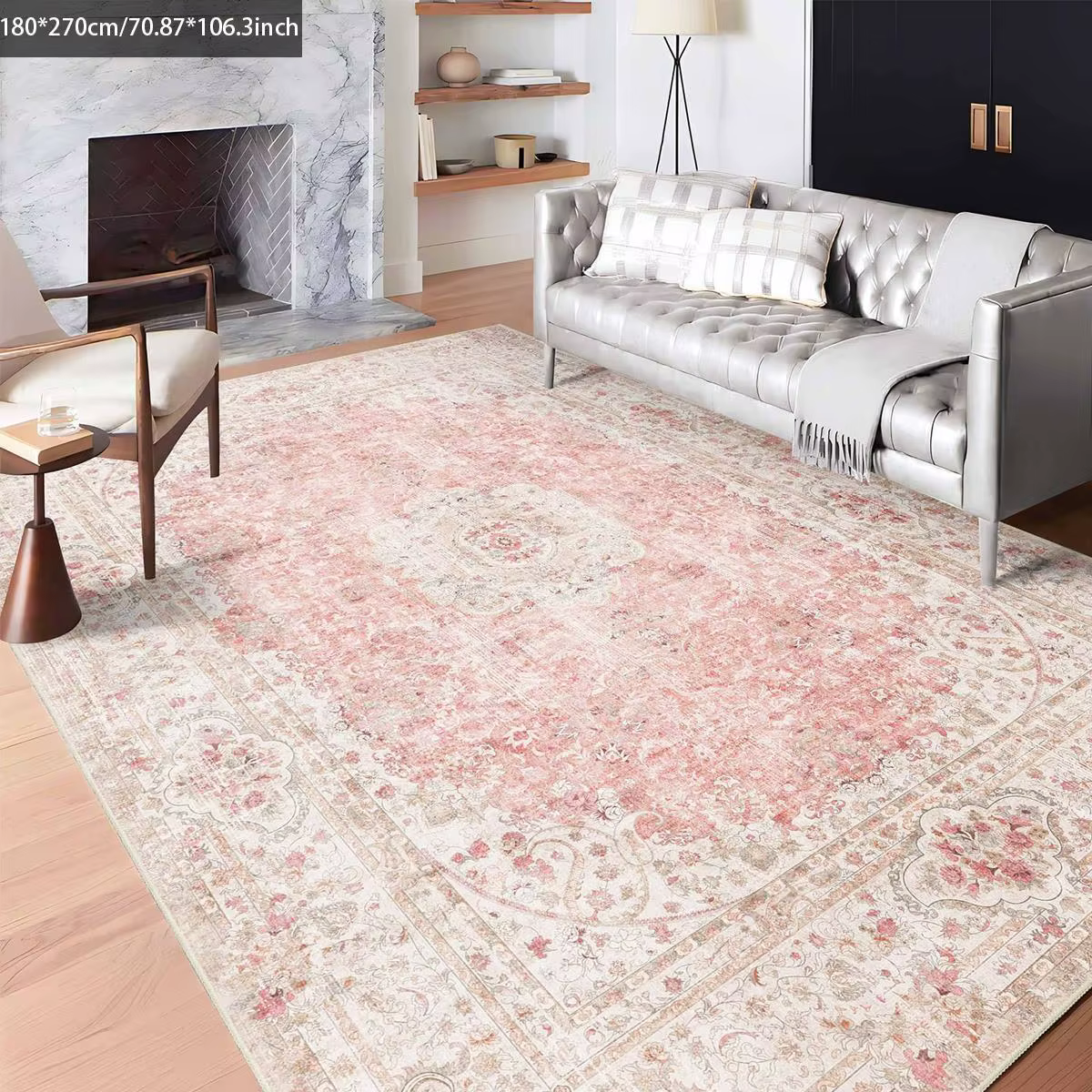 Tapis VIKAMA rose et à motifs persans vintage, ambiance de luxe léger, tapis de salon, tapis de chev