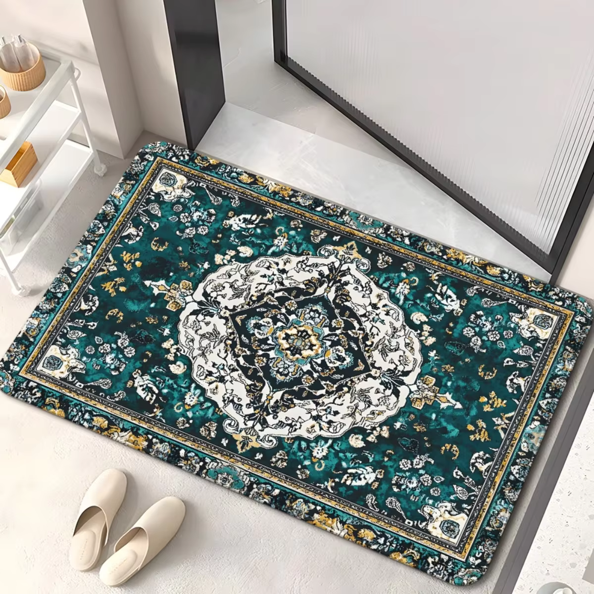 Tapis d'entrée vintage persan bleu et blanc Mandala, tapis de bienvenue pour couloir, porche, décora