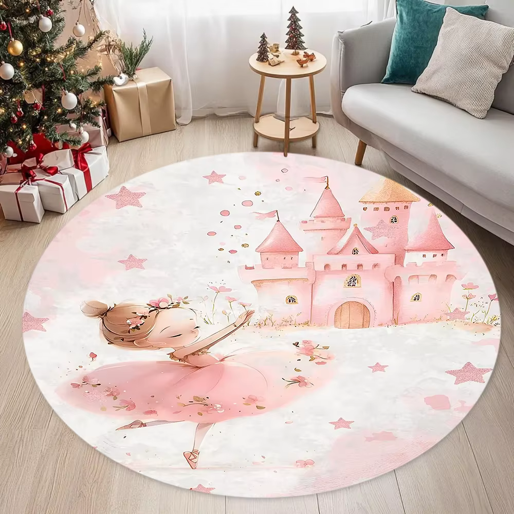 Tapis rond princesse ballerine, décoration de maison de rêve et enchanteresse avec ton rose et blanc