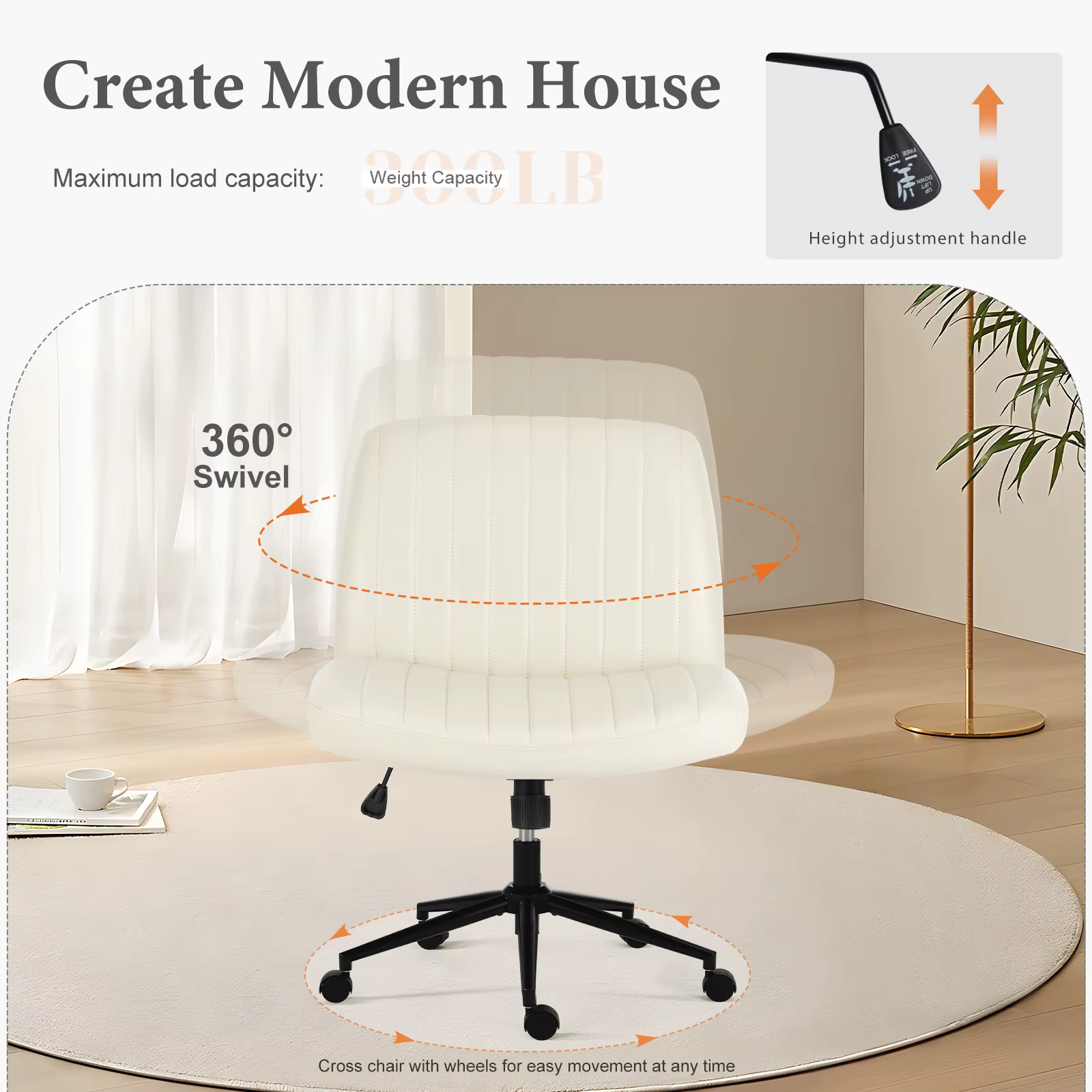 JHK chaises de bureau croisées sans accoudoirs avec roulettes chaise de bureau pivotante en cuir PU 