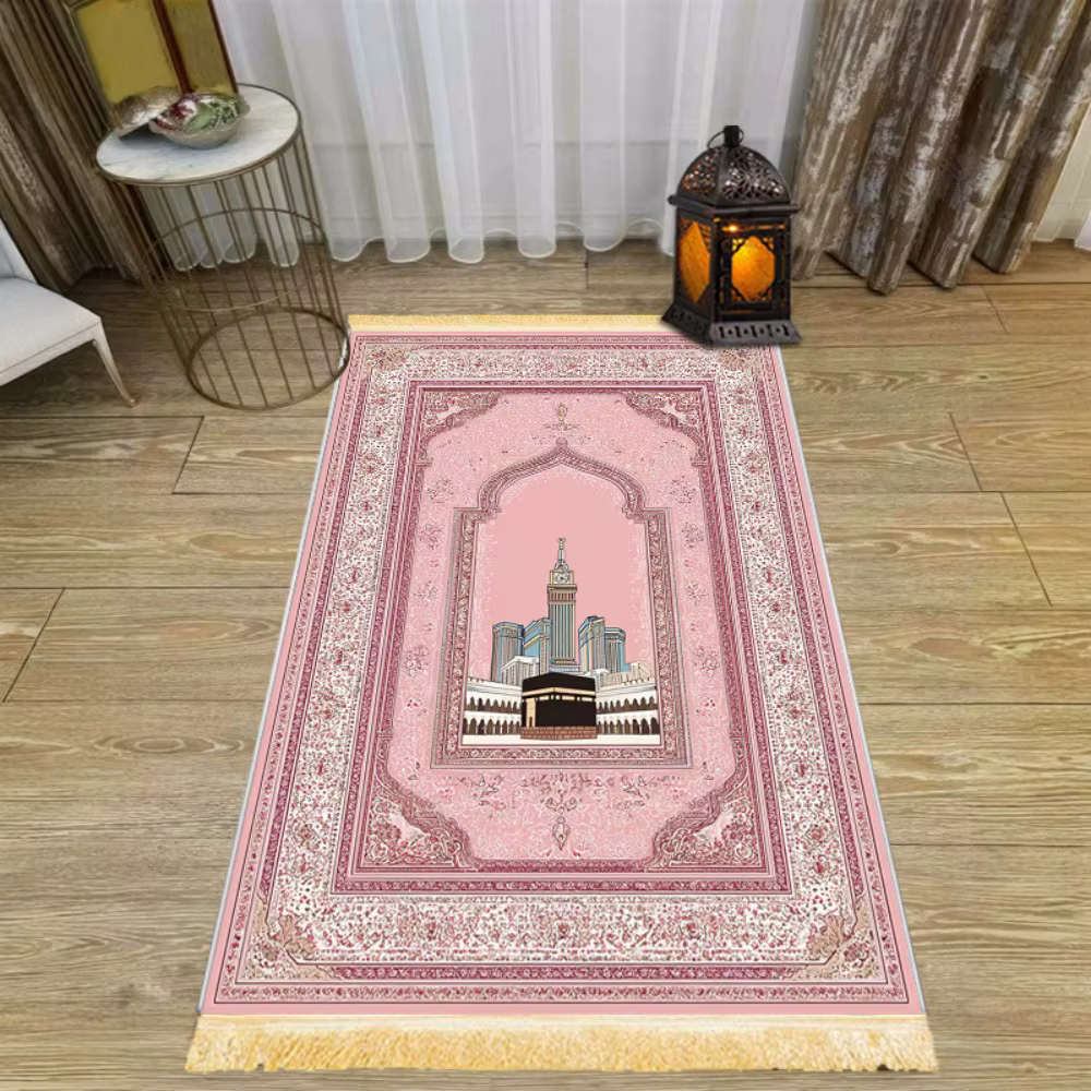 Tapis de prière islamique en polyester rose doré, motif Kaaba Mecque, arche florale, portable, pour