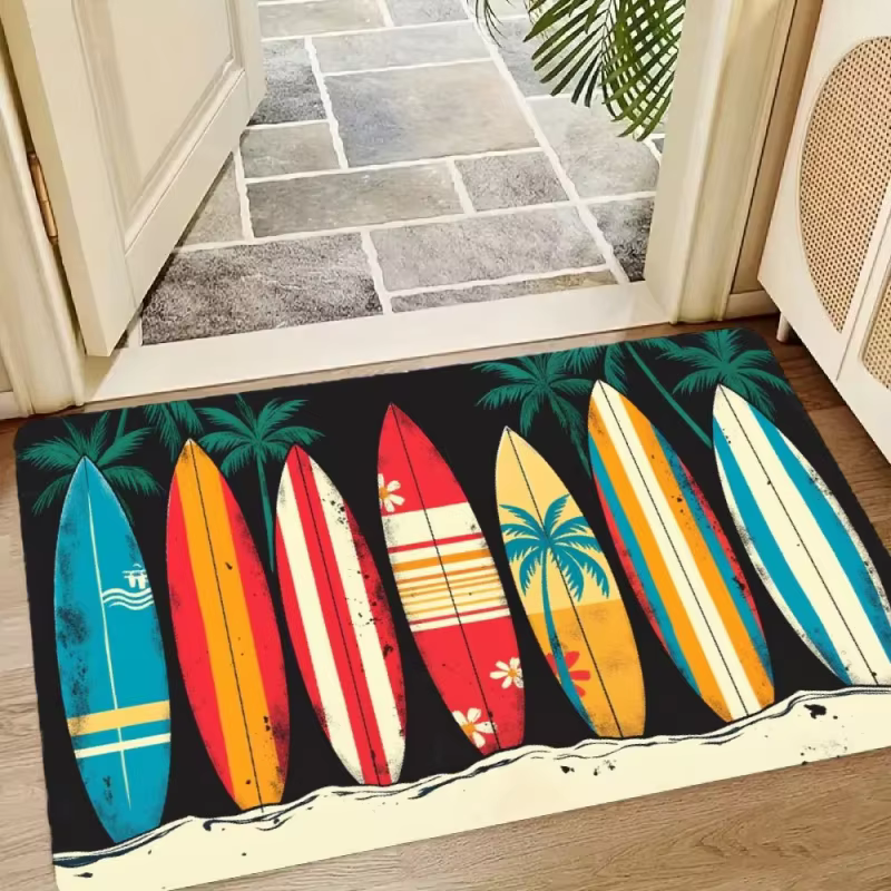 Tapis de bienvenue tropical d'été avec planche de surf et palmiers colorés, décoration d'entrée pour