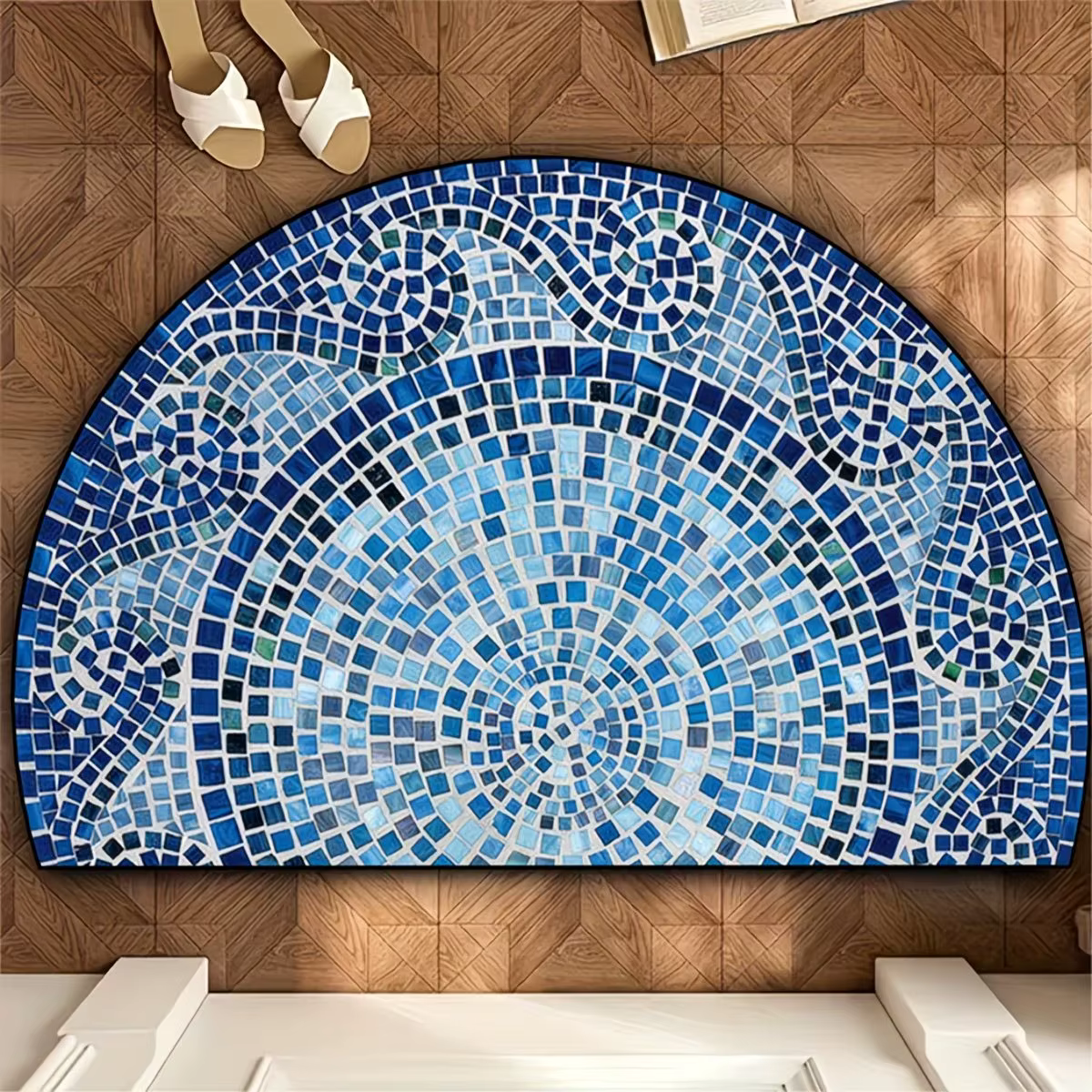 Paillasson demi-rond en mosaïque bleue méditerranéenne, tapis de bienvenue géométrique, tapis d'entr