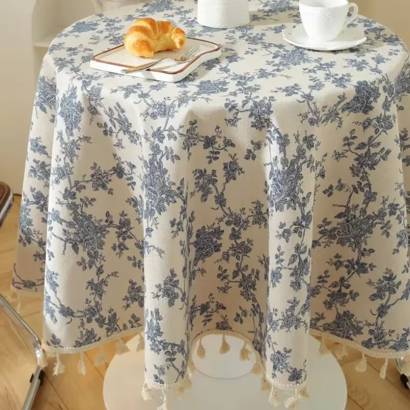 Nappe en coton et lin à fleurs, couverture de Table ronde lavable et rustique pastorale pour décorat
