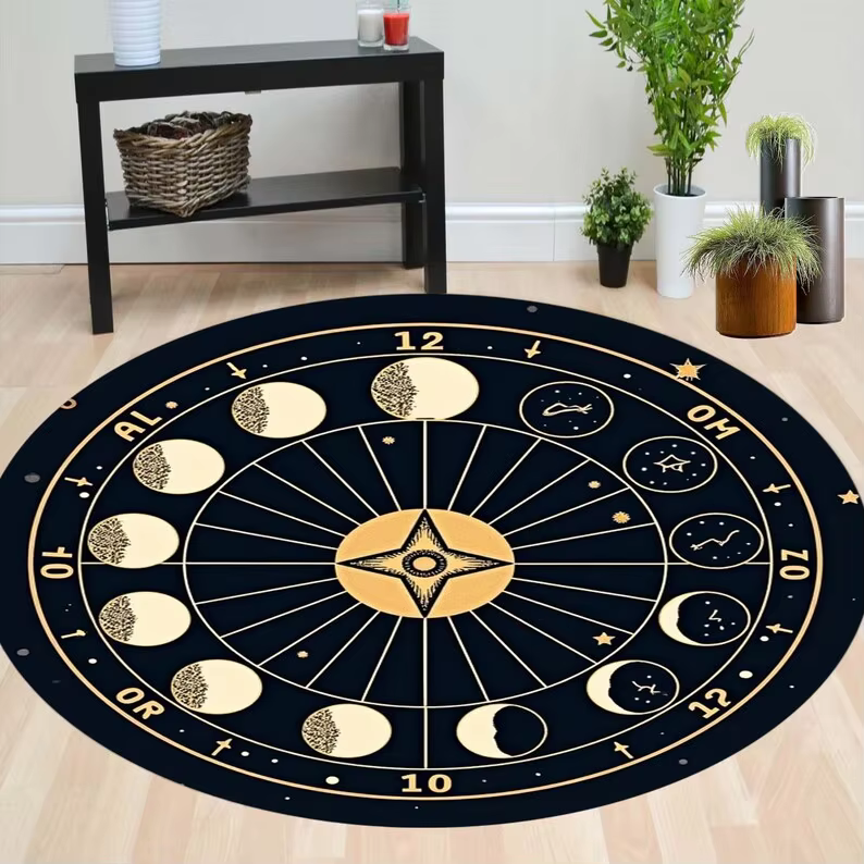 Tapis rond Phase de lune, décor celeste, décor de salon, canapé, chambre à coucher, chevet, chaise b