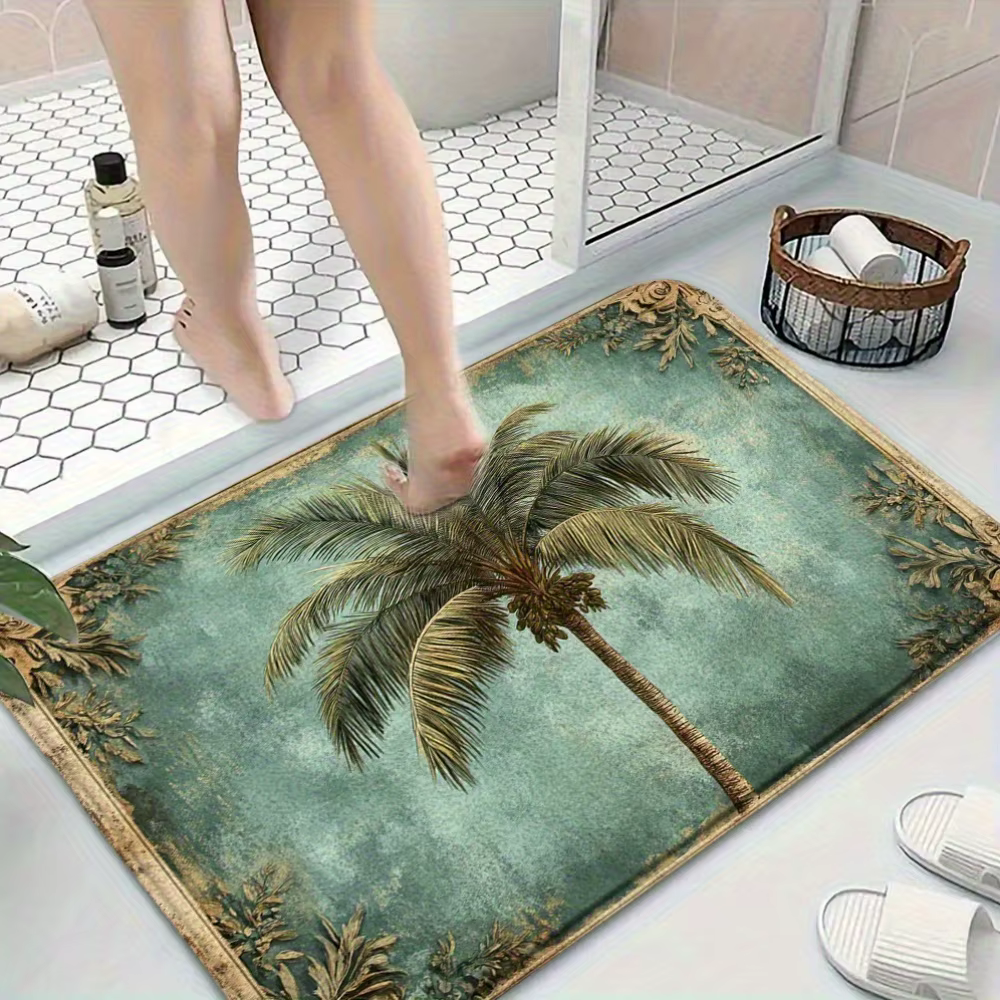 Tapis de bain vintage en flanelle motif palmier de coco, antidérapant, pour salle de bain, tapis de 