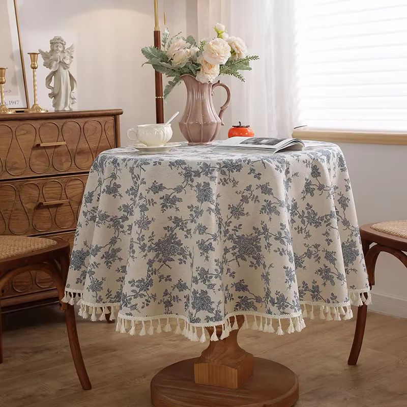 Nappe en coton et lin à fleurs, couverture de Table ronde lavable et rustique pastorale pour décorat