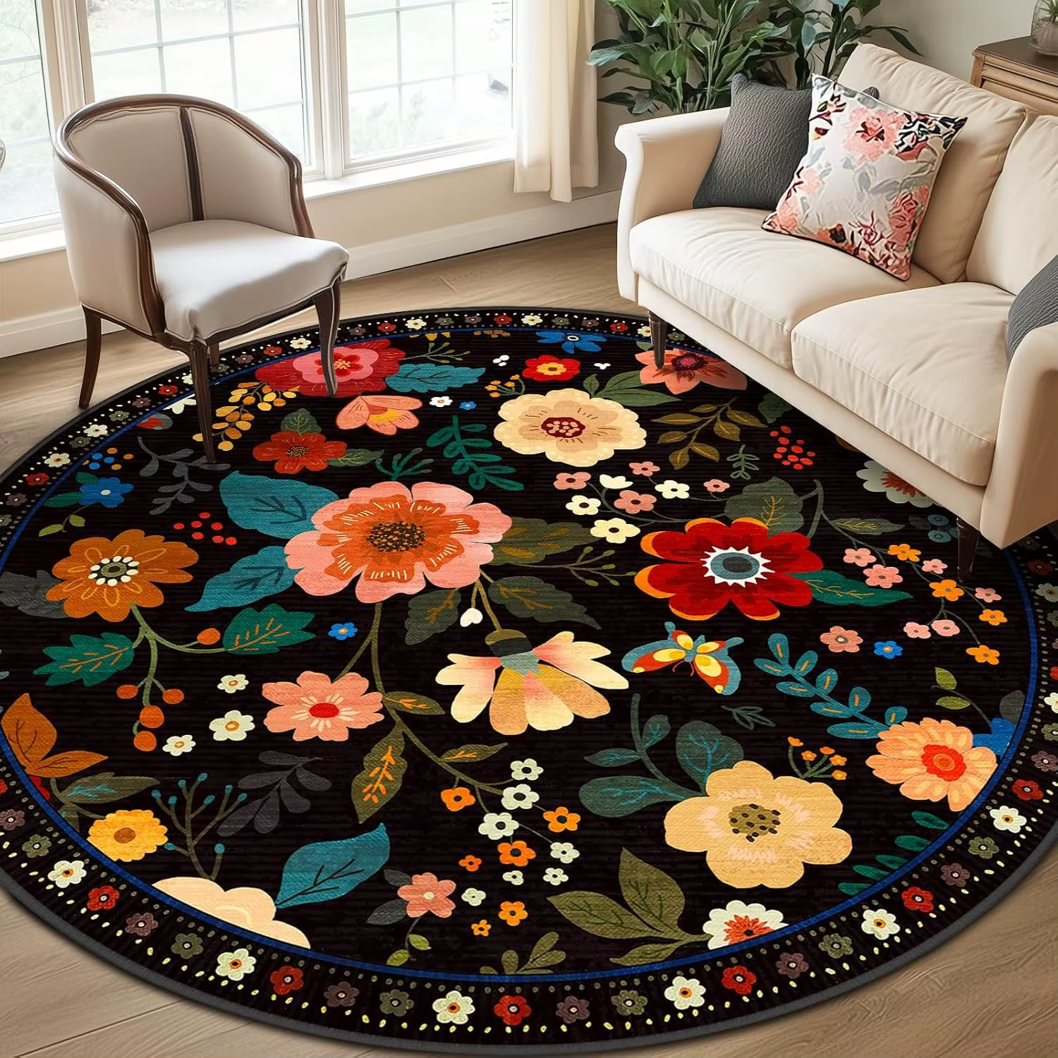 Tapis rond noir à fleurs bohèmes, tapis circulaire coloré à motifs floraux et papillons pour la déco