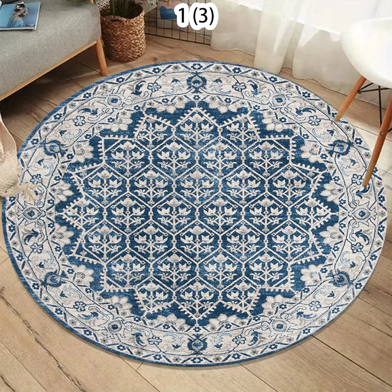 Tapis rond bohème antidérapant, design rétro bleu et blanc, motif treillis marocain, tapis lavable a