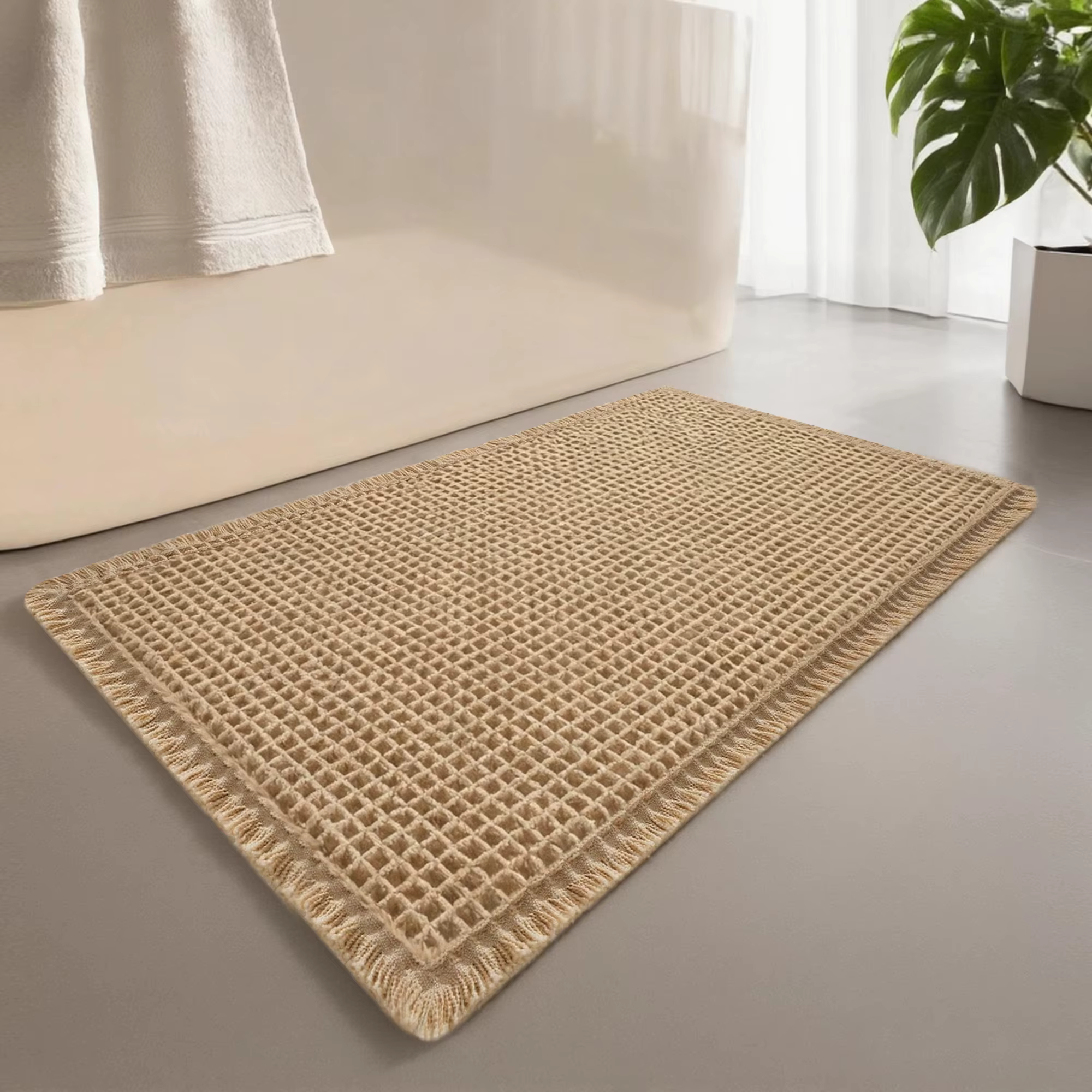 Tapis de bain gaufré super absorbant antidérapant, tapis de bain bohème lavable, doux et à séchage r