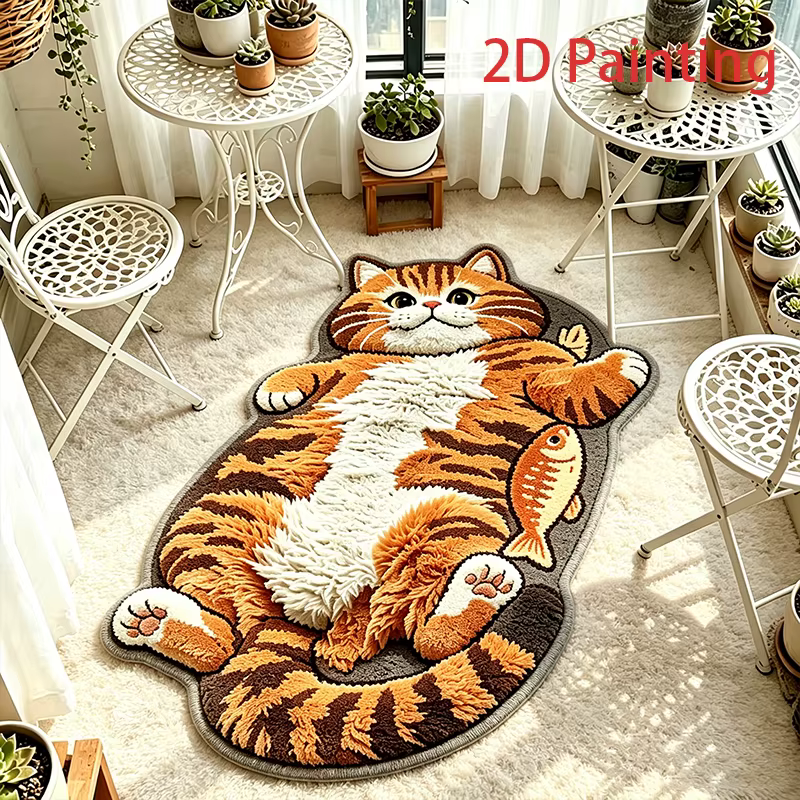 Tapis à motif de chat orange de dessin animé amusant pour salon, tapis créatif mignon, doux et confo