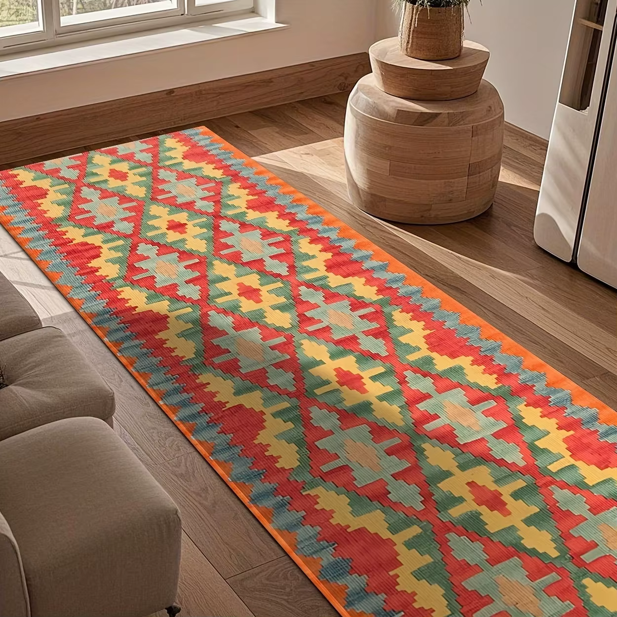 Tapis de couloir vintage aztèque, tapis tribal turc géométrique, tapis de sol long de luxe pour salo