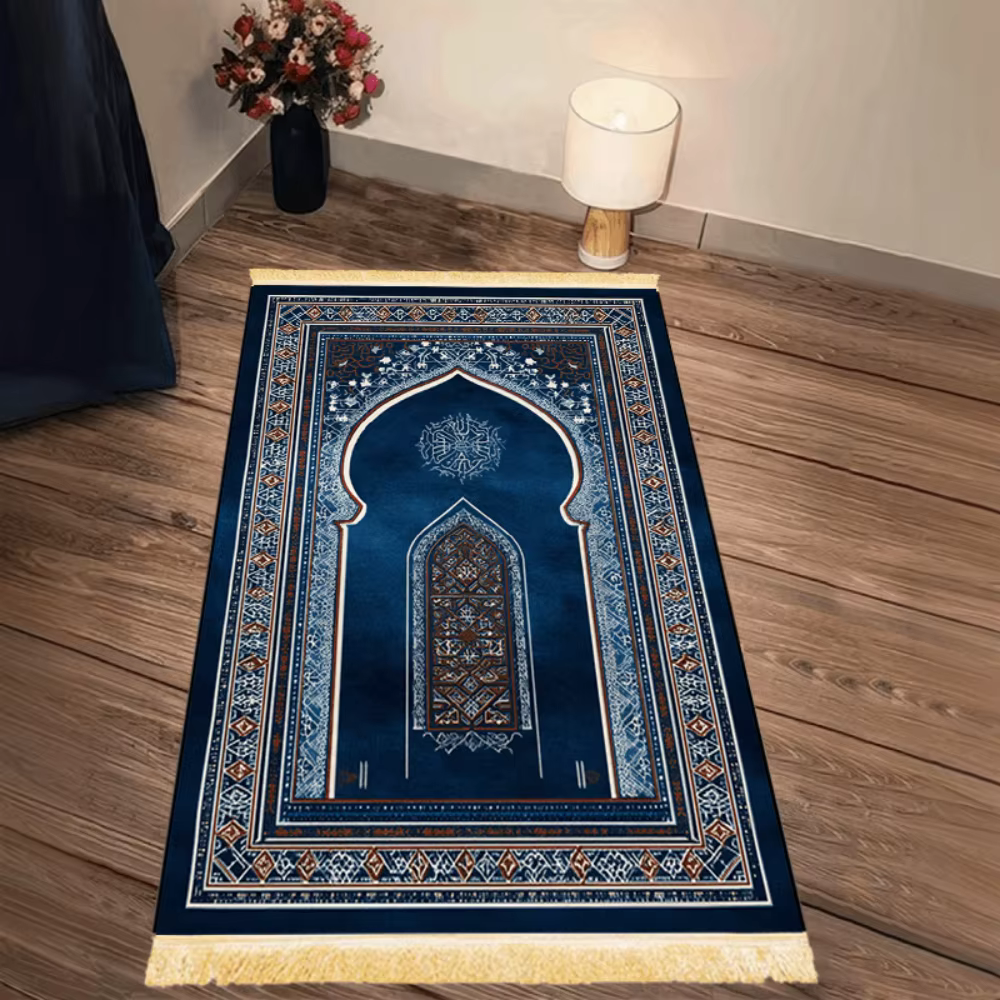 Tapis de prière islamique géométrique bleu marine en polyester, tapis de prière musulman portable, c
