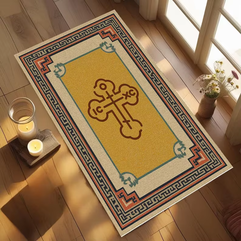Tapis classique à motif grec et croix orthodoxe |   Tapis de prière chrétien, tapis pour chambre à c