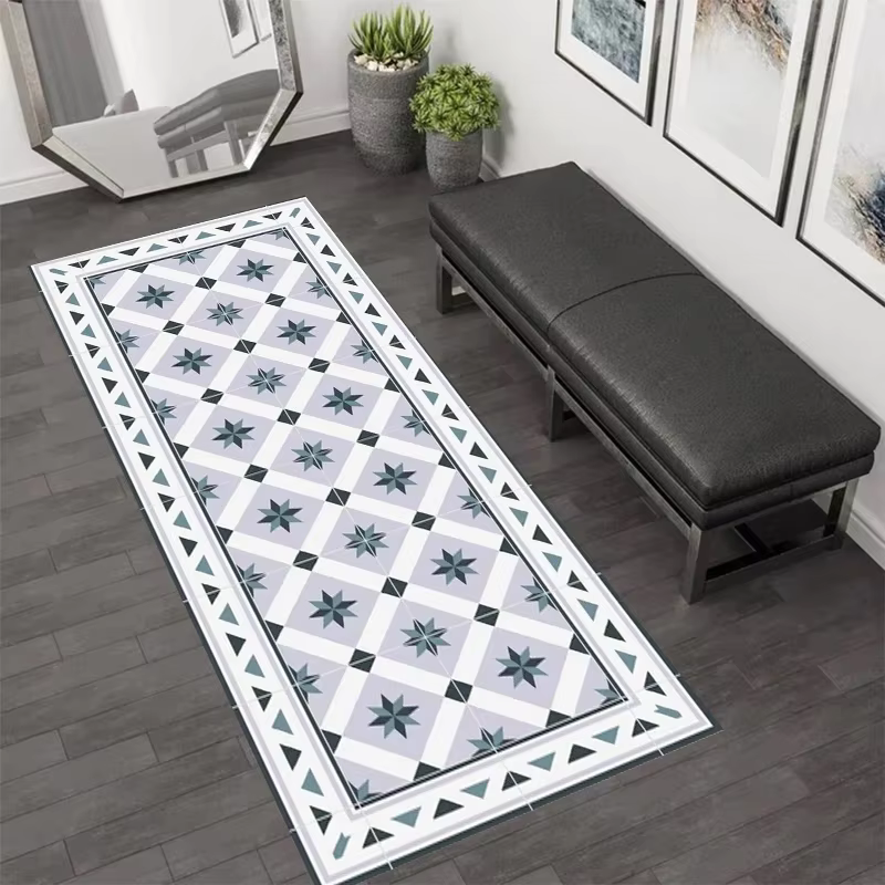 Tapis de couloir VIKAMA rétro à motif géométrique étoilé, tapis antidérapant gris bleu pour couloir,