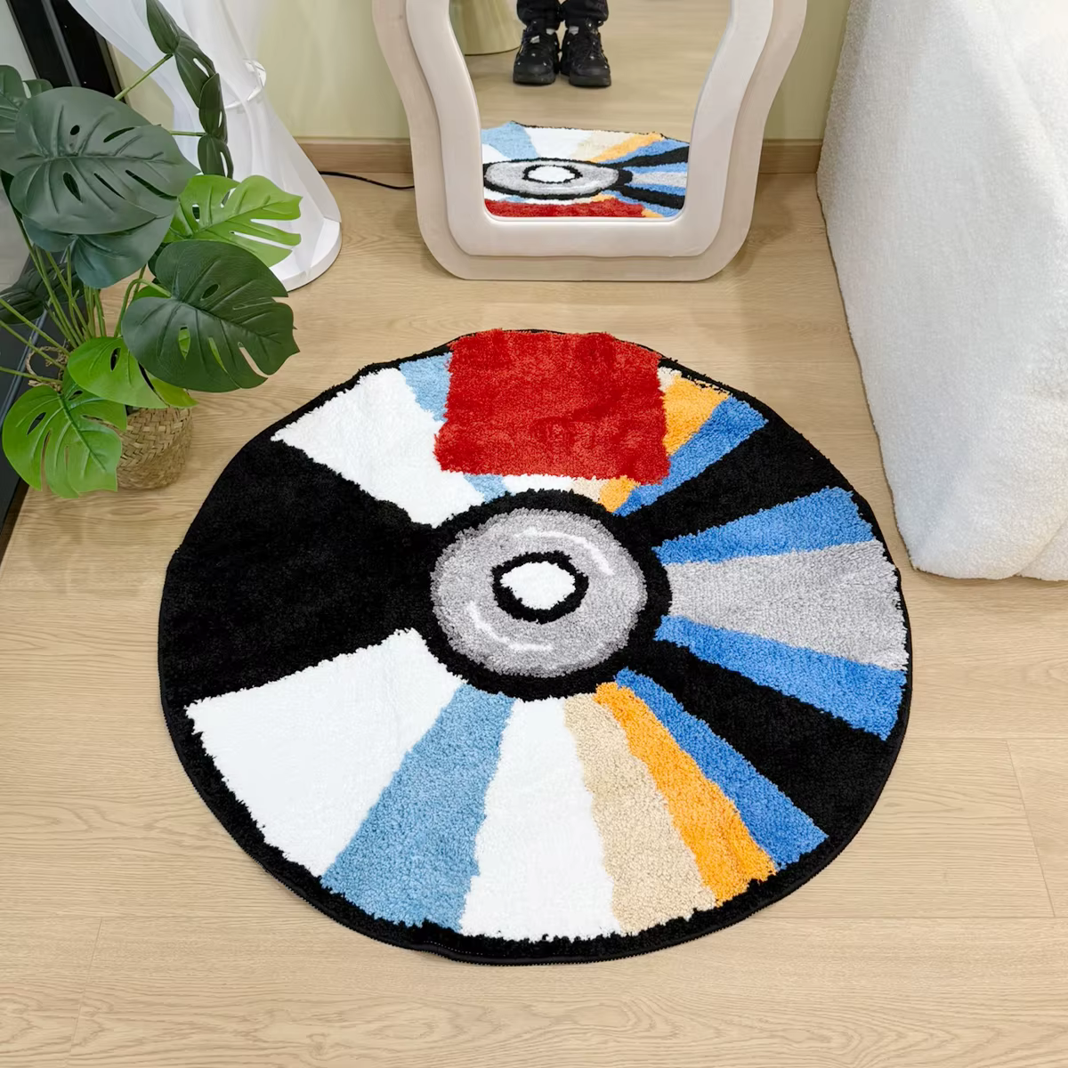 Tapis floqué touffeté rond vibrant en forme de CD, tapis antidérapant à poils souples 3D, décoration