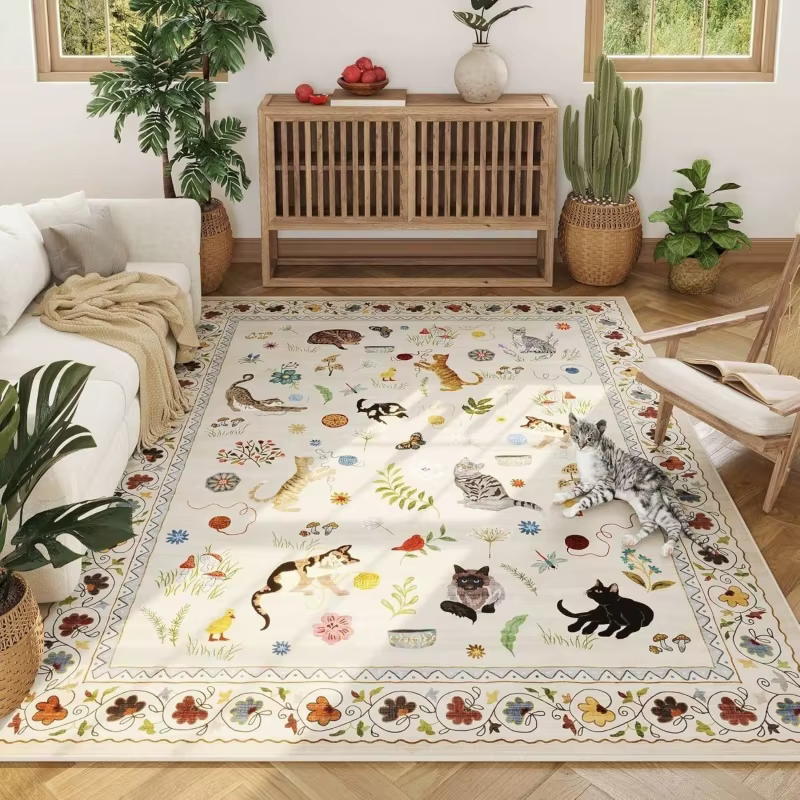 Tapis de sol en feutre beige vintage à motif de chat de dessin animé et bordure de fleurs sauvages,