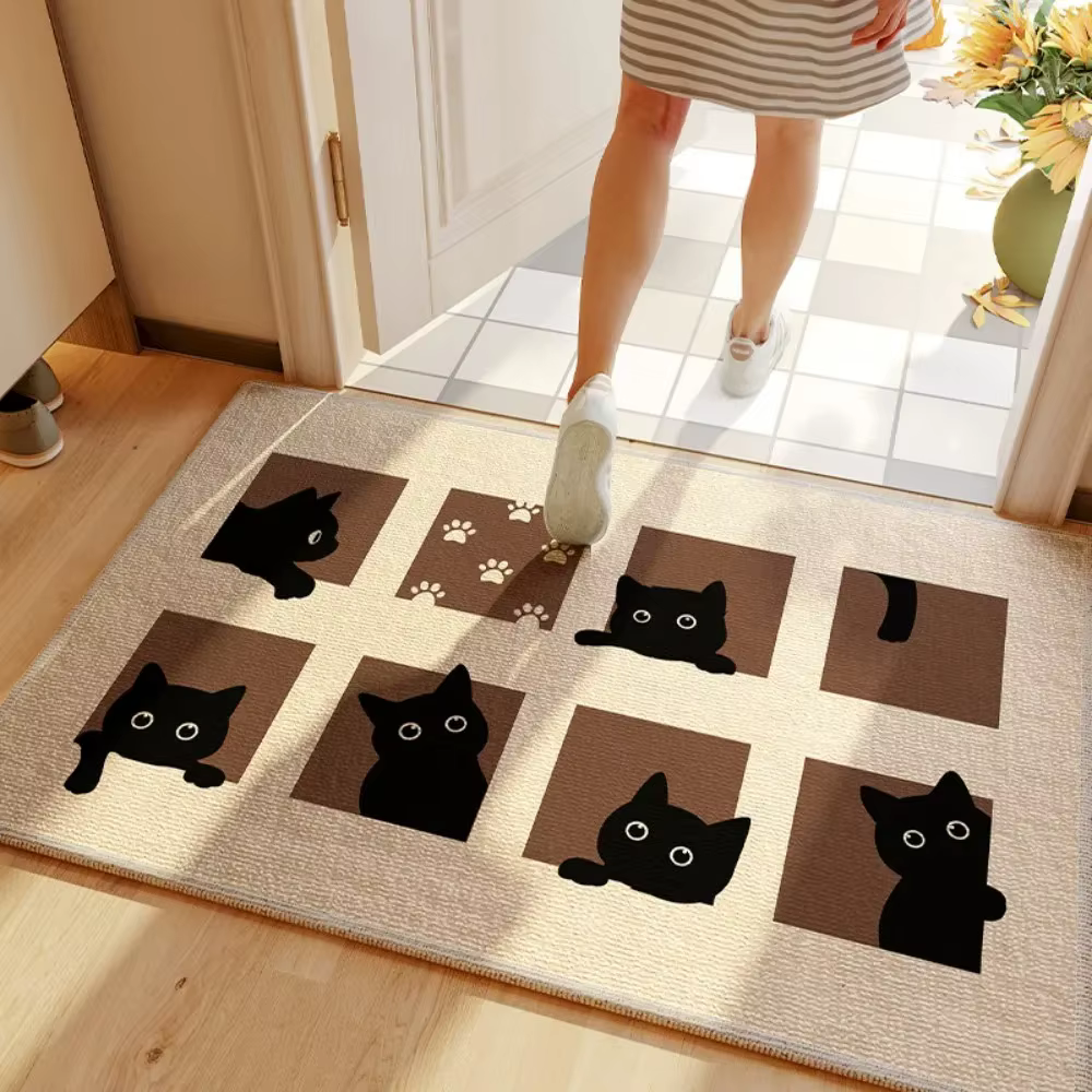 Tapis de porte d'entrée carré chat noir, antidérapant, absorbant l'eau, facile à nettoyer, décoratio