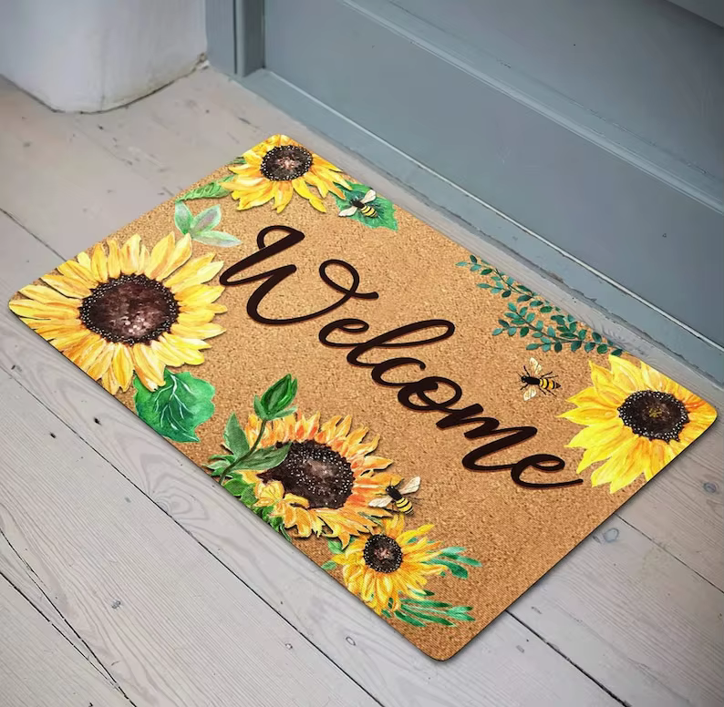 Tapis de bienvenue tournesol motif aquarelle, Tapis de bienvenue tournesol, Tapis tournesol 'Bee Our