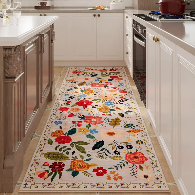 Tapis de couloir vintage bohème à motifs floraux, tapis de cuisine rétro botanique, antidérapant, la