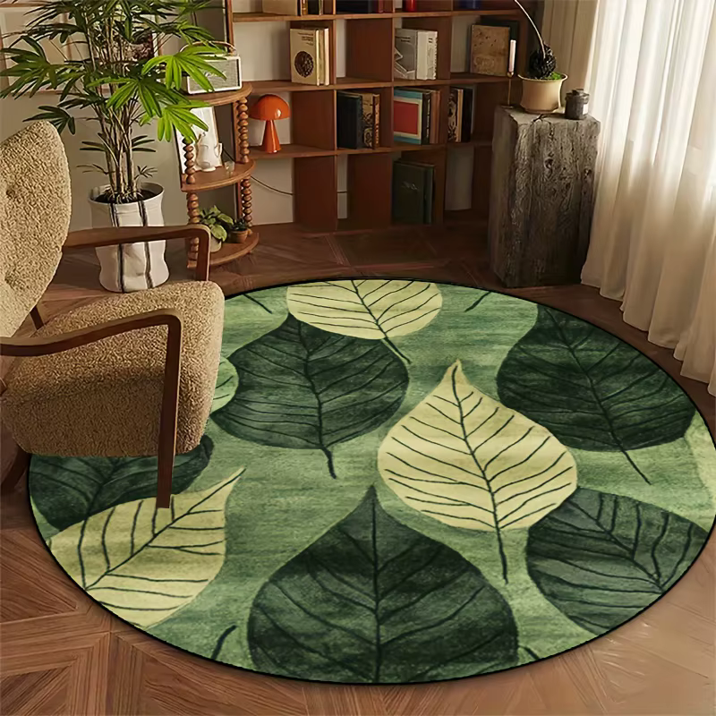 Tapis rond à feuilles vertes tropicales pour salon, chambre à coucher, jungle, nature, grand tapis,