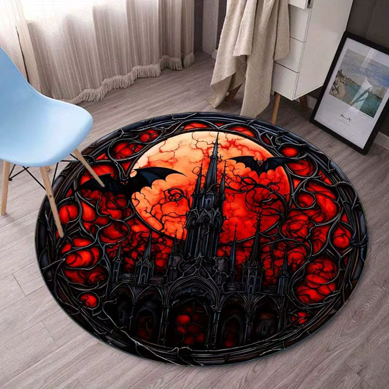 Tapis rond gothique château lune rouge chauve-souris, thème d'horreur d'halloween, décor fantastique