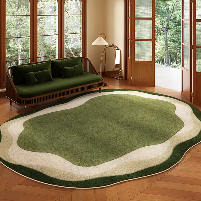 Tapis de salon vert irrégulier court en velours, antidérapant, pour chambre à coucher, chevet, Flora