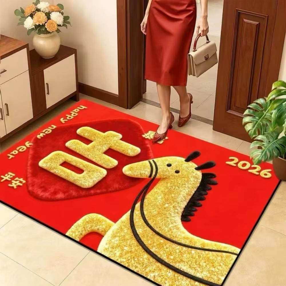 Tapis de sol cheval de dessin animé, séchage rapide, mots de bénédiction, nouvel an 2026, antidérapa