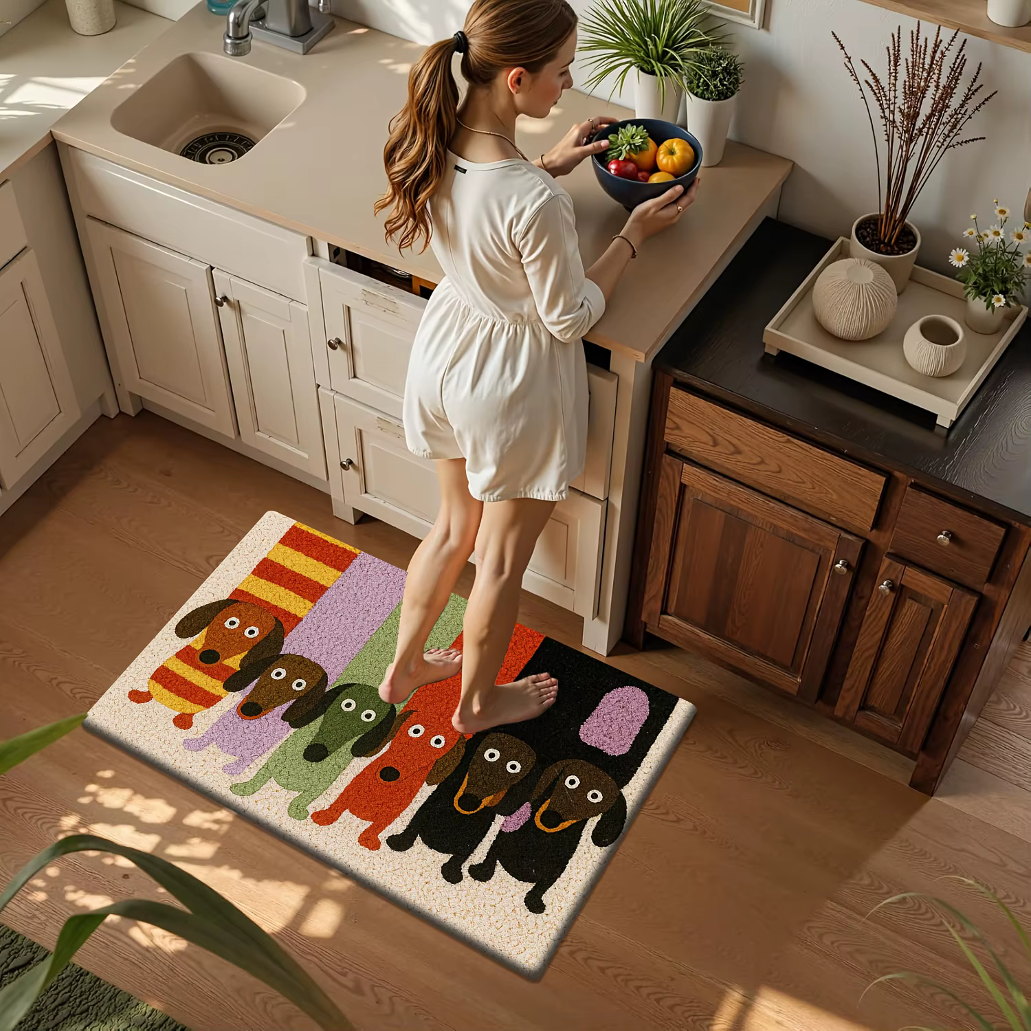 VIKAMA Tapis de bienvenue antidérapant et lavable avec motif de teckel de dessin animé pour la cuisi